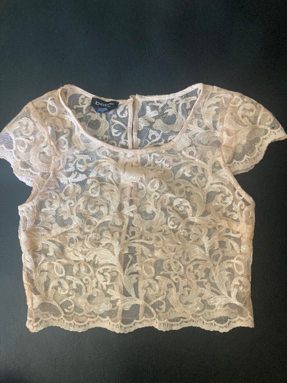 NEW bebe coral pink sequin floral lace mesh sheer cropped top